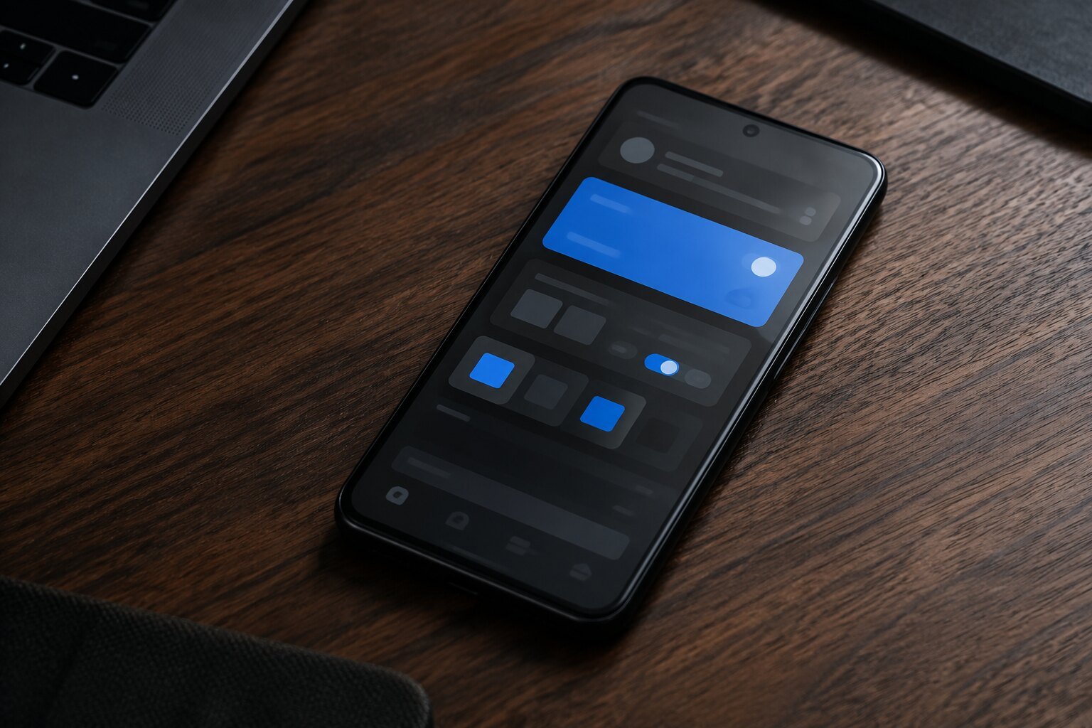 Android phone on a dark wood desk